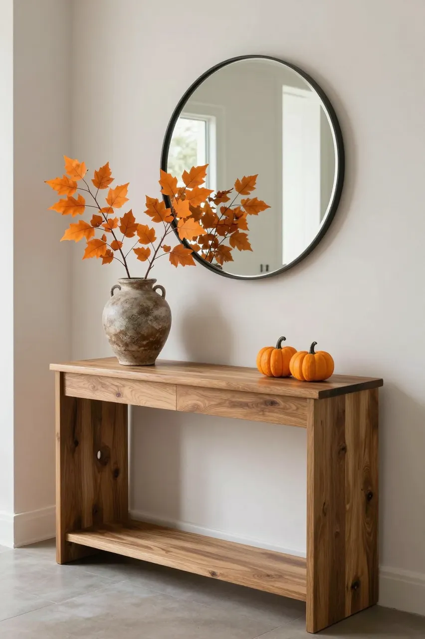 Wooden entryway console styled with fall foliage, mini pumpkins and a round wall mirror