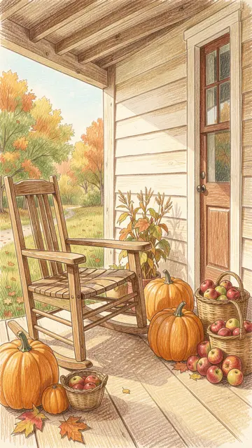 Colored pencil illustration of a cozy farmhouse porch with rocking chair, pumpkins and apple baskets in autumn