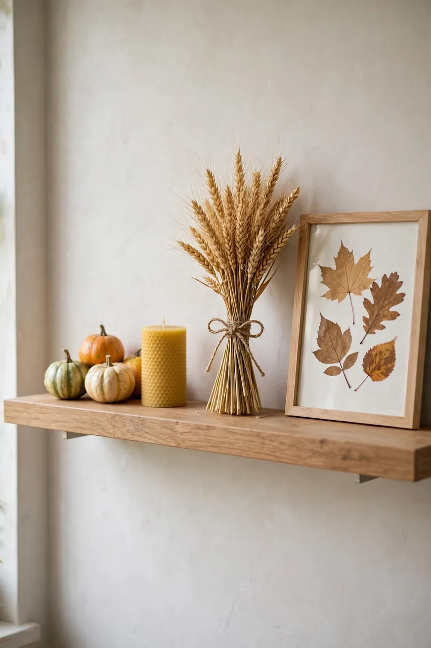 Floating oak shelf styled with gourds, beeswax candle, dried wheat and framed pressed leaf art