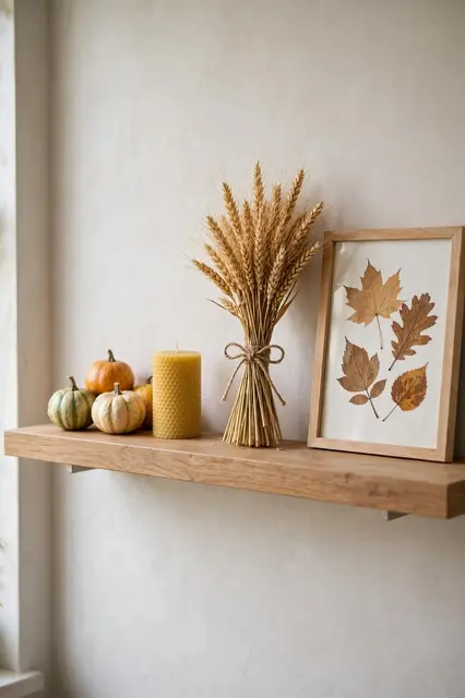 Floating oak shelf styled with gourds, beeswax candle, dried wheat and framed pressed leaf art