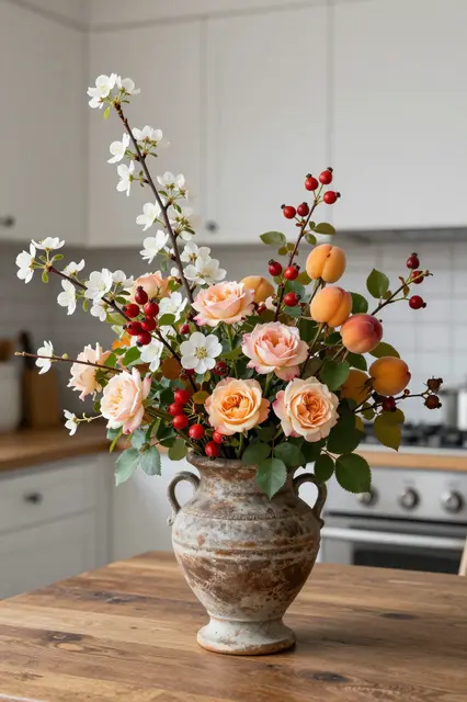 Autumn flower arrangement in a rustic pottery vase sits on a wooden kitchen table
