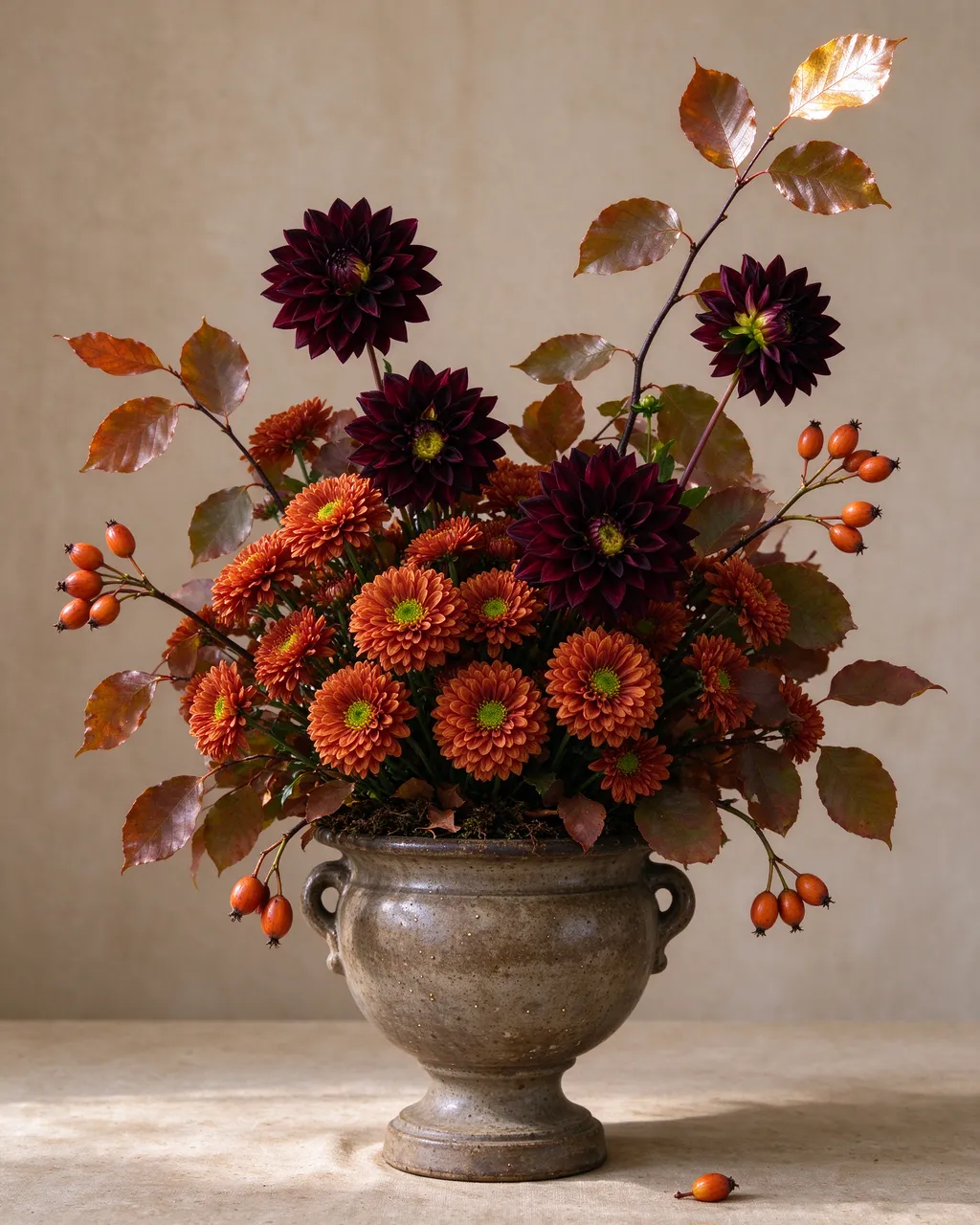 A lush autumnal flower arrangement of mums, dahlias, leaves and rose hips in a rustic stoneware urn