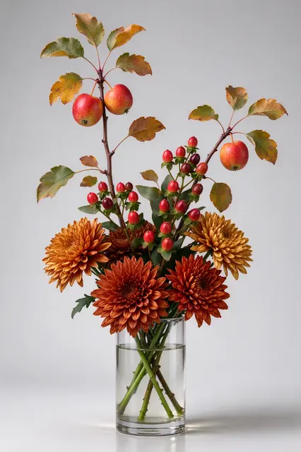 Autumn flower arrangement with crabapple branches, bronze mums and red berries in a clear glass vase on a light gray