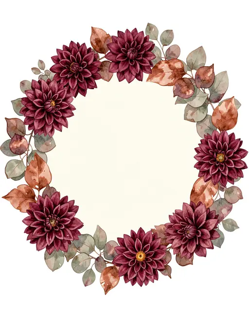 Watercolor round wreath of burgundy dahlias, eucalyptus and copper leaves surrounding an empty ivory center