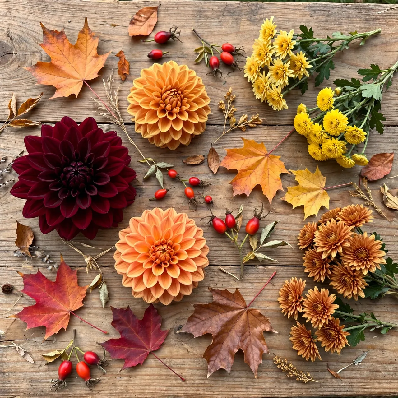 Overhead flat lay of dahlias, mums, rose hips and maple leaves arranged on a weathered wooden table