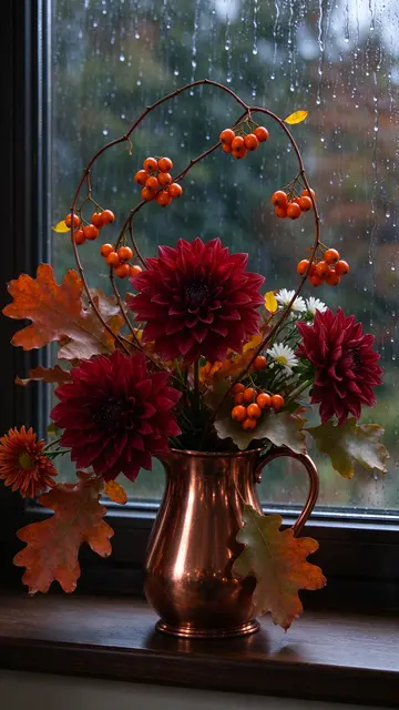 Autumn bouquet of red dahlias, bittersweet and oak leaves in a copper pitcher on a rainy windowsill