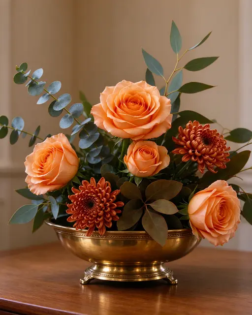 Low fall floral arrangement of apricot roses, copper chrysanthemums and eucalyptus in a footed brass bowl on wood