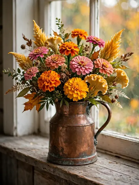 Autumn flower bouquet in a vintage copper jug sits on a weathered wooden windowsill beside a blurred fall view.