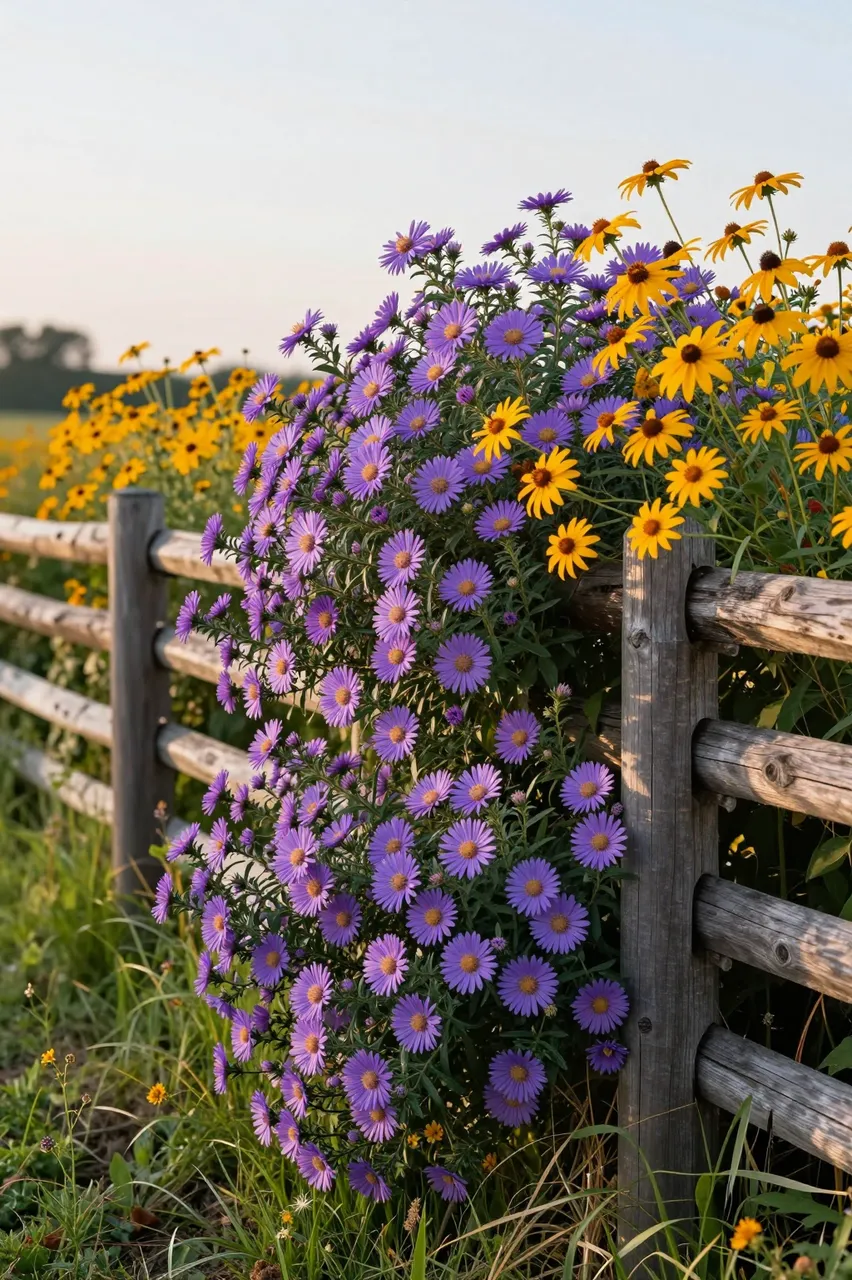 Purple asters and golden rudbeckia grow tangled around a wooden split rail meadow fence at golden hour