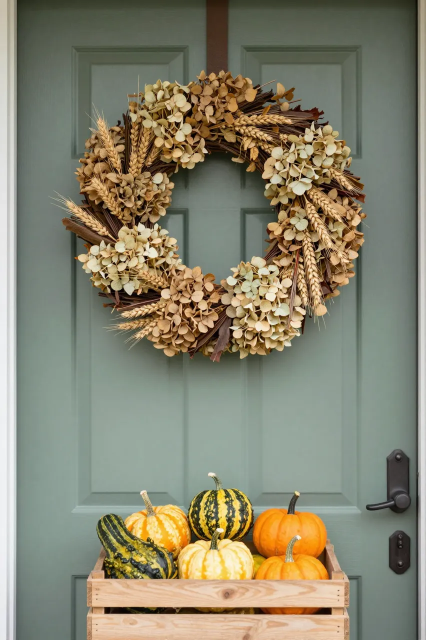 A sage green front door holds a dried hydrangea and wheat wreath above a wooden crate of gourds and mini pumpkins.