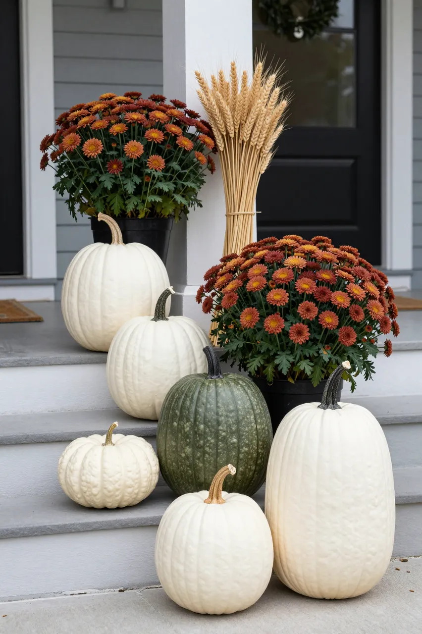 Heirloom pumpkins, rust mums and wheat sheaves decorate a home's front steps for autumn