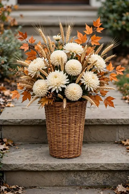 A woven wicker basket holding cream mums, wheat stalks, and orange maple branches sits on a stone front step.