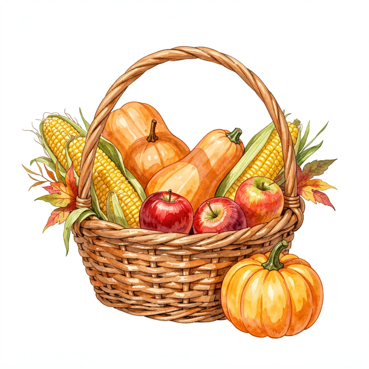 Watercolor illustration of a wicker harvest basket filled with autumn produce set against a plain white background