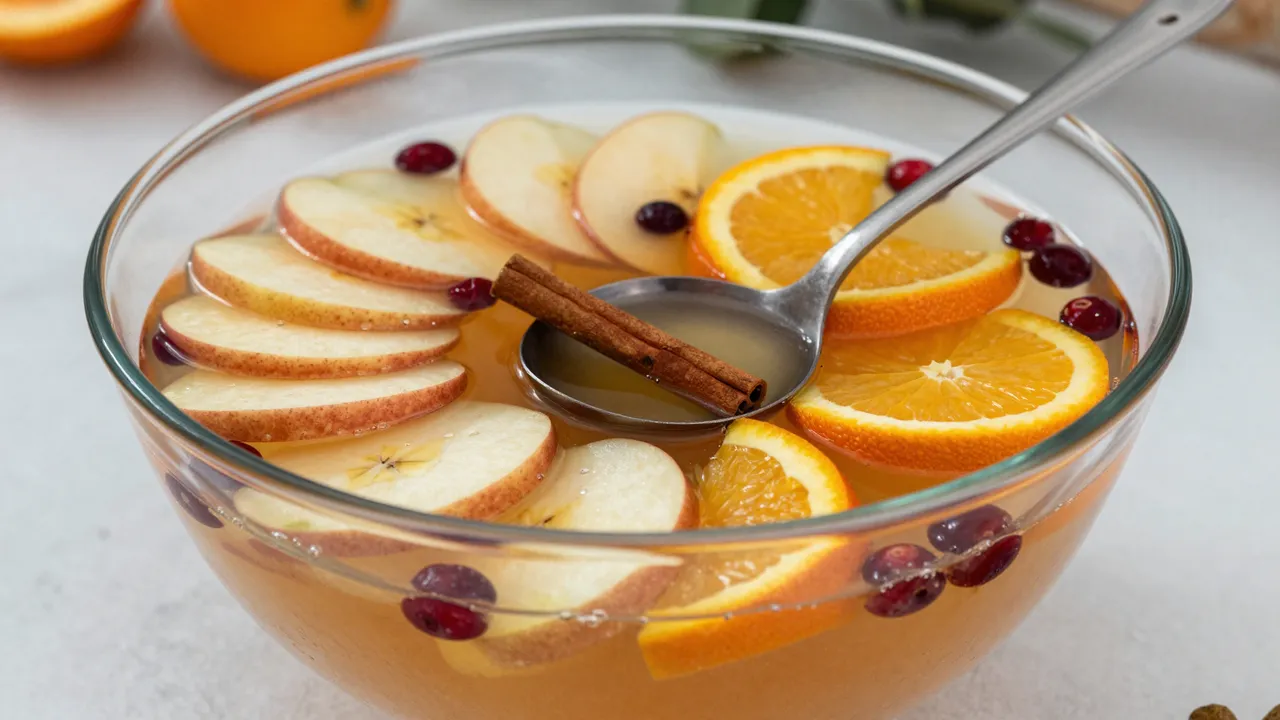 Glass punch bowl of harvest punch topped with fruit slices, cranberries, cinnamon sticks and a metal ladle on a light
