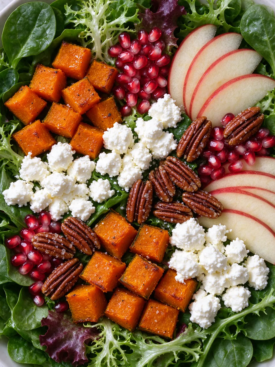 Top down close up of a vibrant fall harvest salad arranged on mixed leafy greens in a bowl