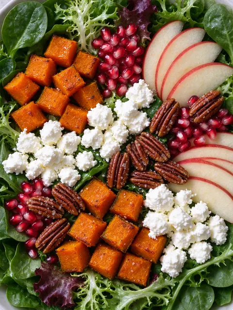 Top down close up of a vibrant fall harvest salad arranged on mixed leafy greens in a bowl