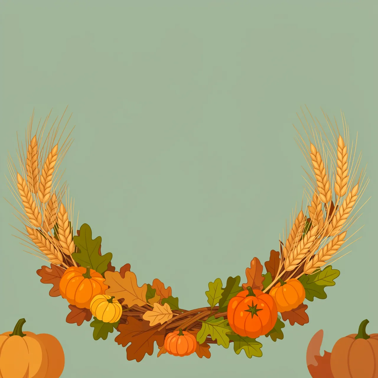 A curved autumn half wreath with wheat, oak leaves and small pumpkins sits along the bottom of a sage green empty background.
