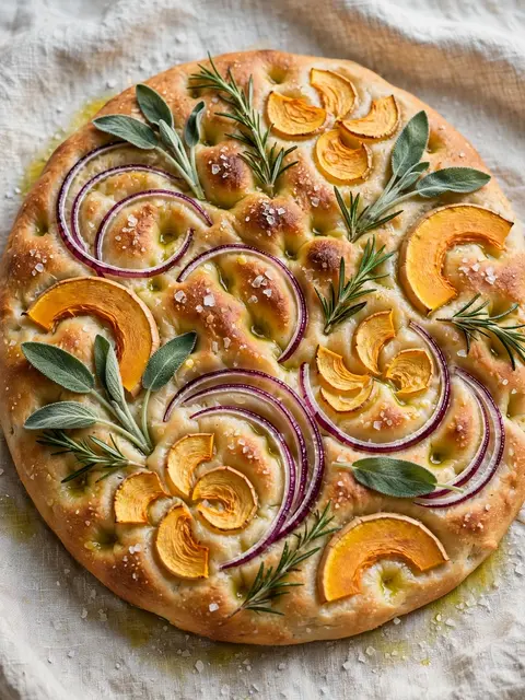 Golden dimpled focaccia decorated with squash, red onion, sage and rosemary rests on a linen cloth.