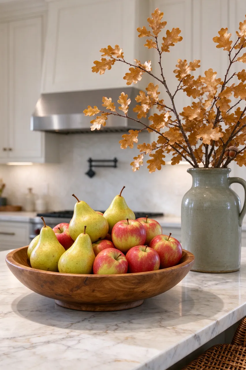 Wooden fruit bowl of pears and apples sits beside a vase of golden oak branches on a marble kitchen countertop