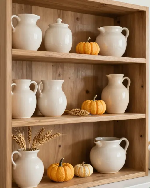 Light wooden open kitchen shelves styled with cream ceramics, mini pumpkins, and dried wheat stalks for fall decor.
