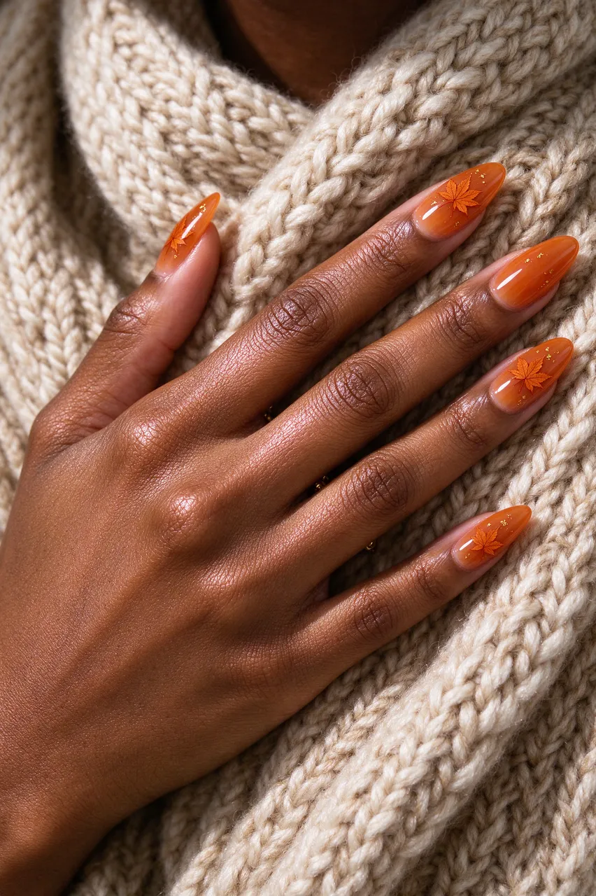 A Black woman's hand with burnt orange almond fall nails rests on a chunky cream knit sweater.