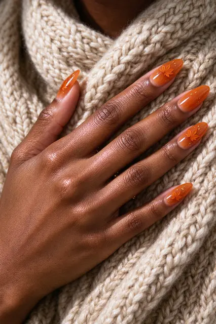 A Black woman's hand with burnt orange almond fall nails rests on a chunky cream knit sweater.