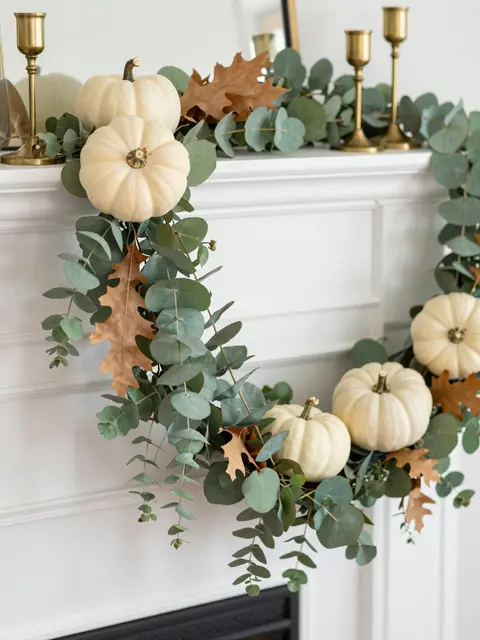 Neutral fall mantel display with eucalyptus garland, cream pumpkins, brass candlesticks and dried oak leaves