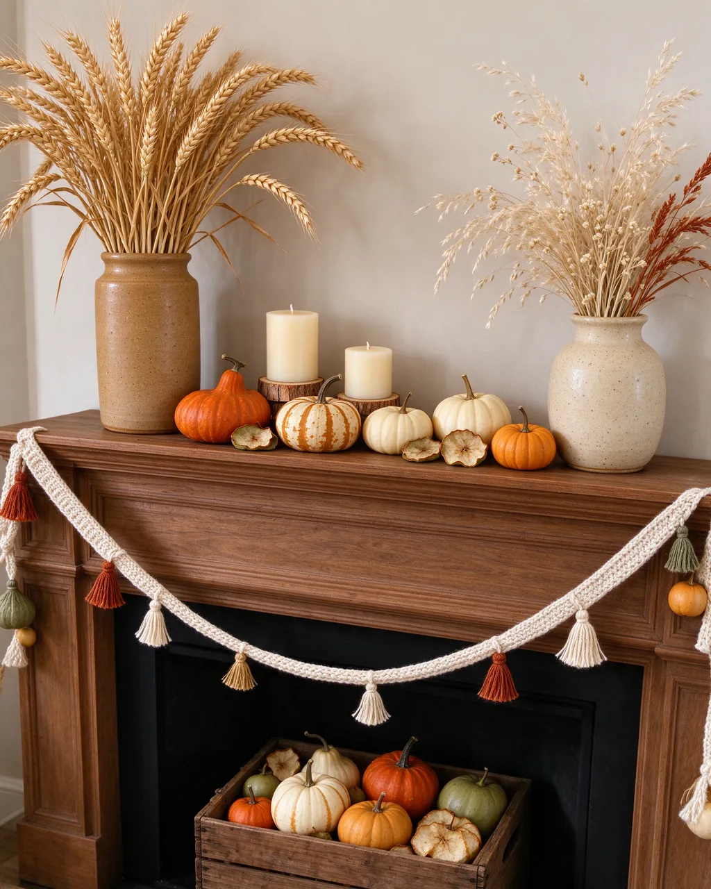 Cozy fall mantel decor with stoneware vases, gourds, pillar candles and a crocheted tassel garland.