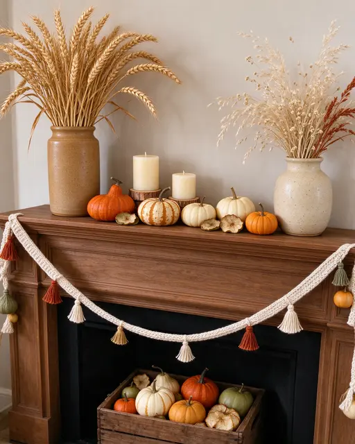 Cozy fall mantel decor with stoneware vases, gourds, pillar candles and a crocheted tassel garland.