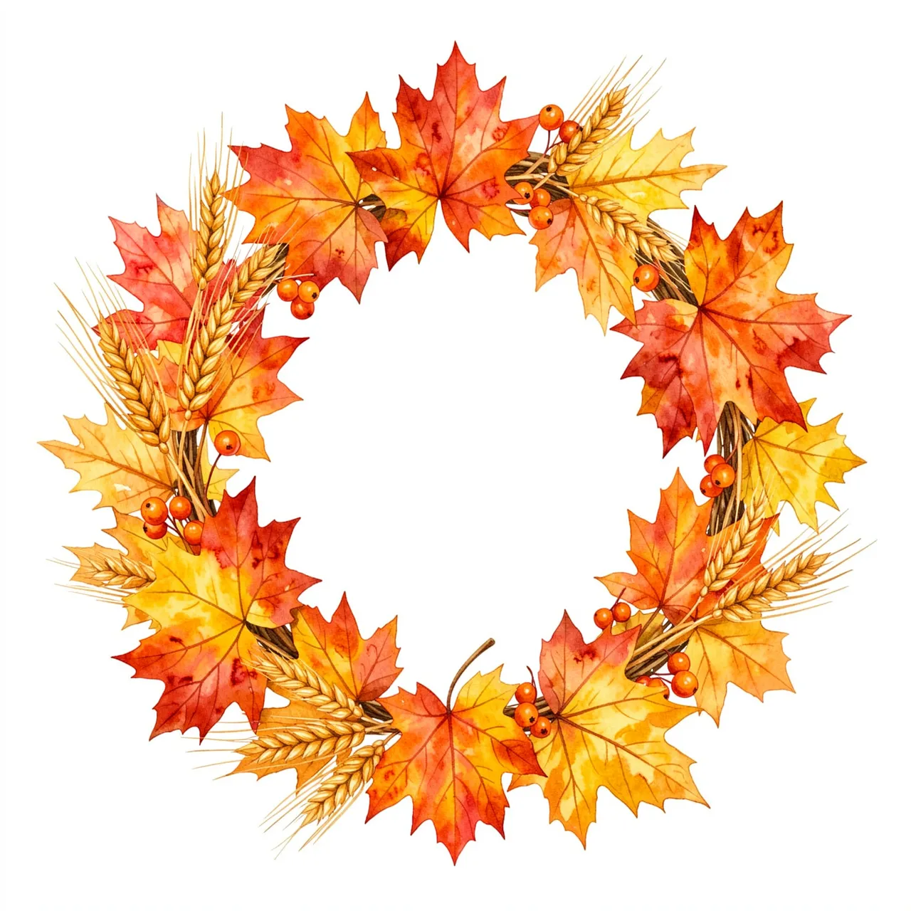 Watercolor circular fall wreath with maple leaves, wheat and orange berries on a white background