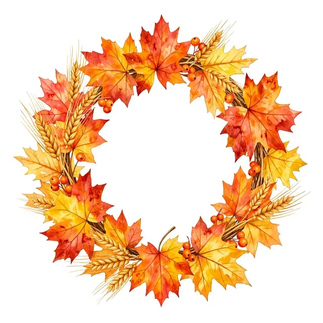 Watercolor circular fall wreath with maple leaves, wheat and orange berries on a white background