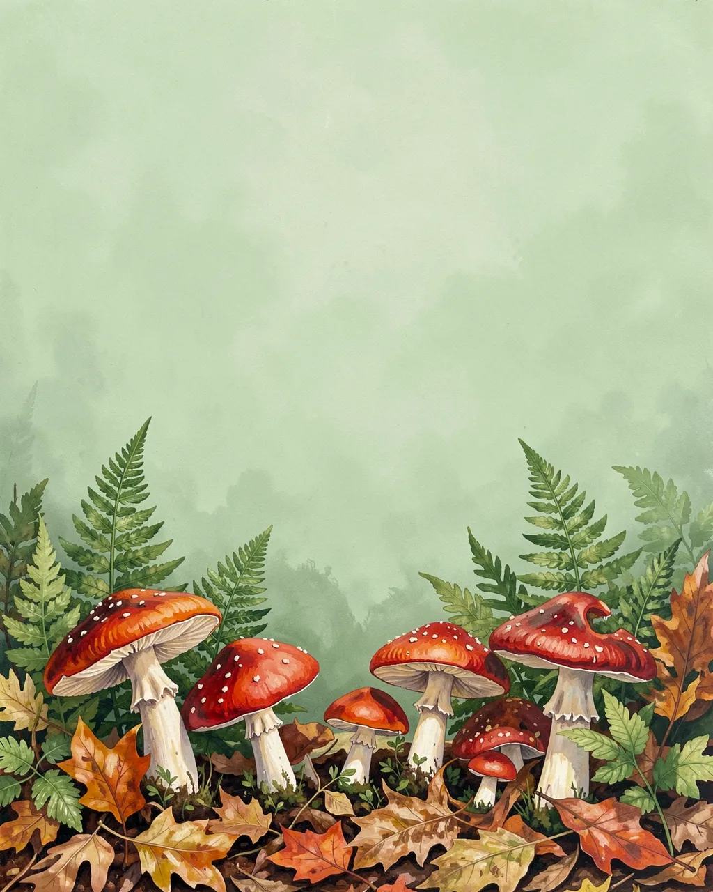 Gouache illustration of red fly agaric mushrooms, ferns, and autumn leaves along the bottom of a soft misty green background
