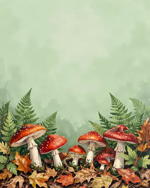 Gouache illustration of red fly agaric mushrooms, ferns, and autumn leaves along the bottom of a soft misty green background