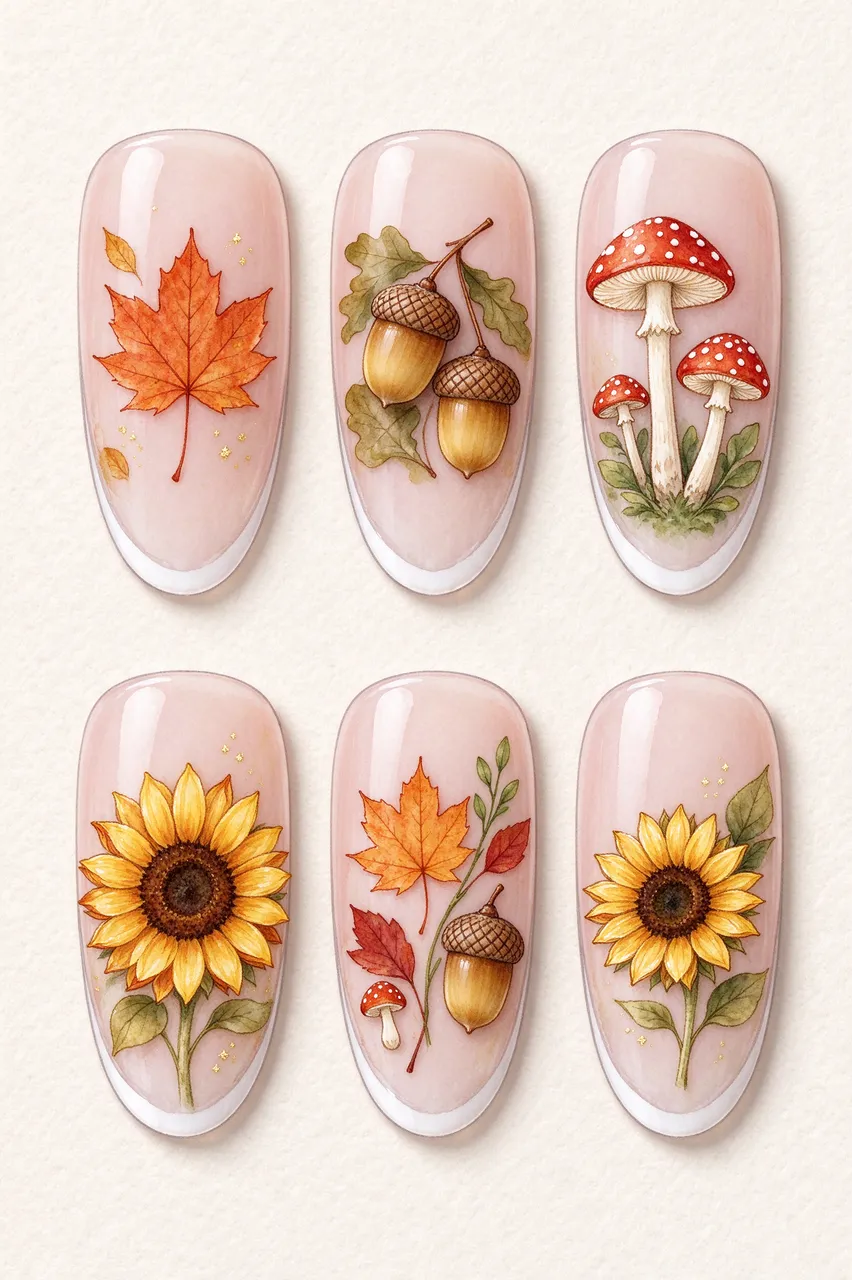 Six almond nail tips decorated with autumn themed watercolor illustrations on cream paper