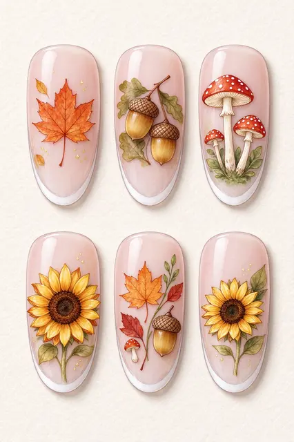 Six almond nail tips decorated with autumn themed watercolor illustrations on cream paper