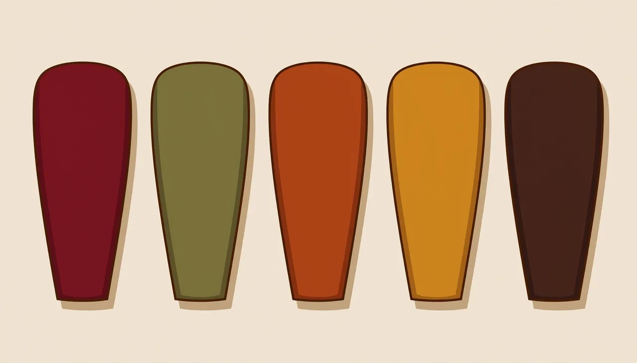 Five fall toned coffin nail tips arranged in a straight row on a beige background