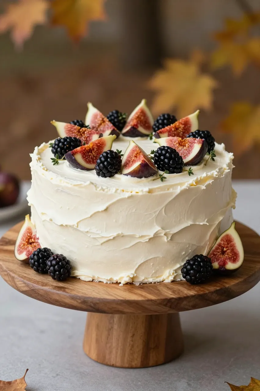 A frosted vanilla cake topped with fresh figs, blackberries and thyme sits on a wooden cake stand in soft autumn light