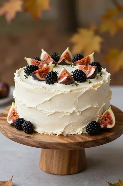 A frosted vanilla cake topped with fresh figs, blackberries and thyme sits on a wooden cake stand in soft autumn light