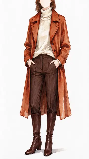 Faceless illustrated woman standing in a rust coat, cream turtleneck, brown trousers and knee boots against a plain white