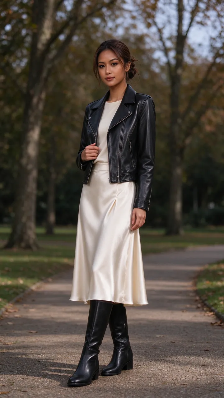 A Southeast Asian woman stands on a park path wearing a leather jacket, cream satin skirt and knee-high boots