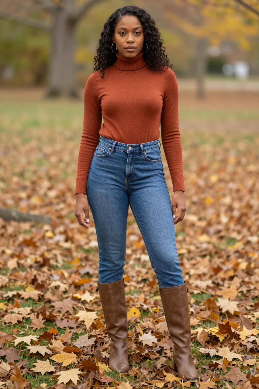 A Black woman in a rust turtleneck stands among fallen autumn leaves in a park
