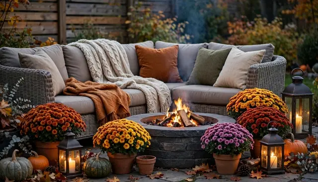Cozy fall patio with a lit fire pit, wicker sofa, mums, pumpkins and lanterns at dusk