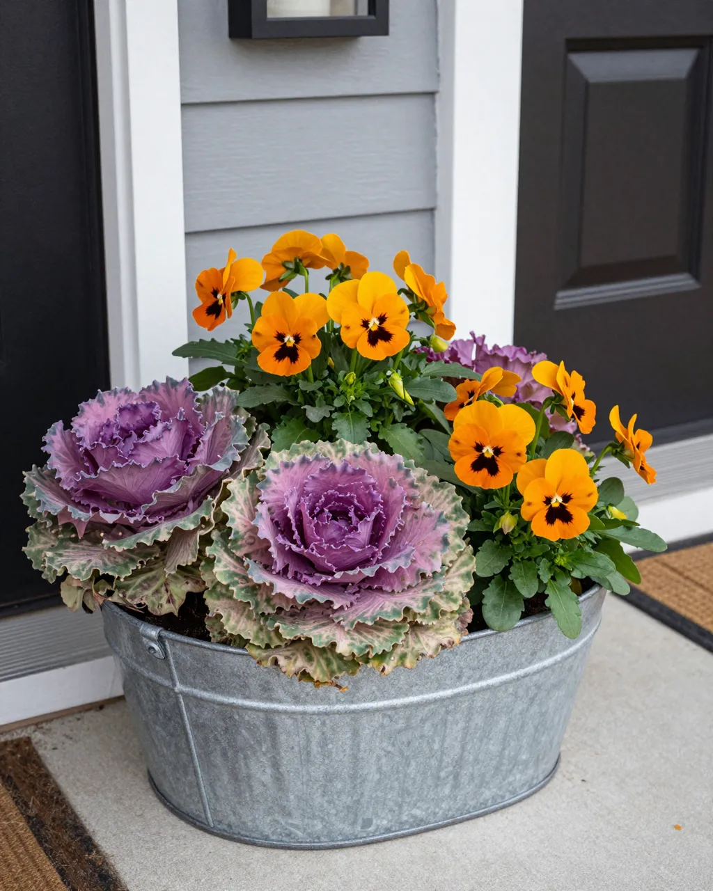Galvanized metal trough planter holds ornamental cabbage and orange pansies on a home front porch next to a black entry door.