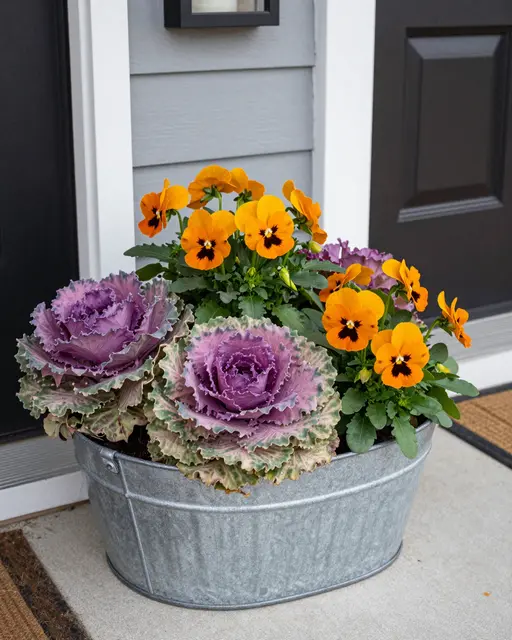 Galvanized metal trough planter holds ornamental cabbage and orange pansies on a home front porch next to a black entry door.