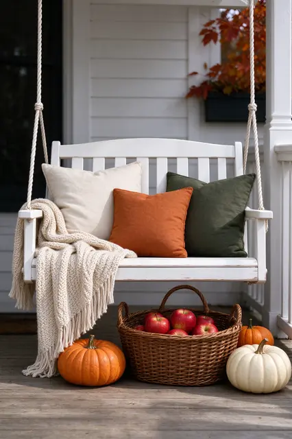 White wooden porch swing with knit throw and pillows above a basket of apples and small pumpkins