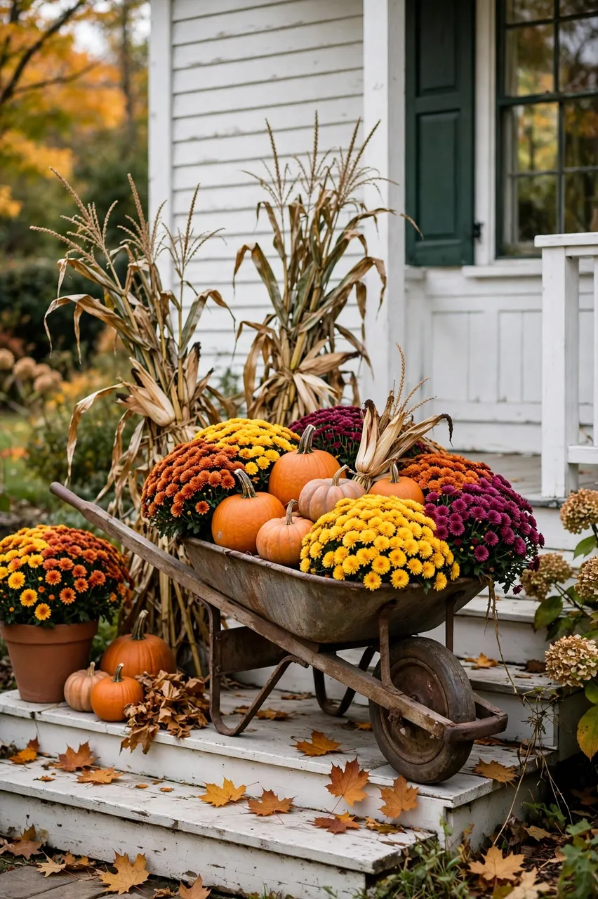 Vintage wheelbarrow filled with pumpkins and mums sits on white farmhouse front steps for fall decor