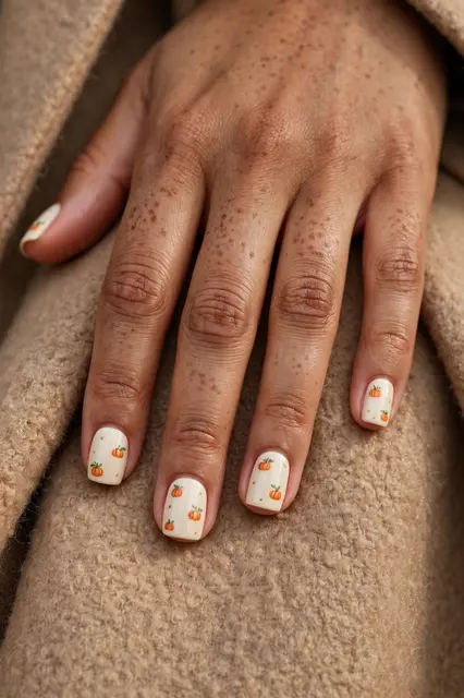 A mixed-race woman's hand with pumpkin design nail art rests on tan wool coat fabric
