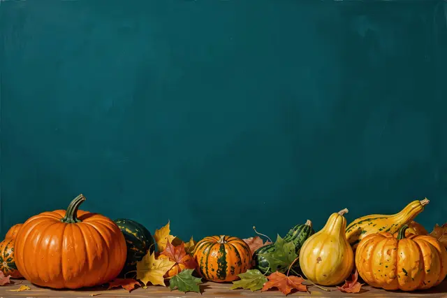 Oil painting of pumpkins, gourds, and fall leaves arranged along a deep teal wall with empty upper copy space.