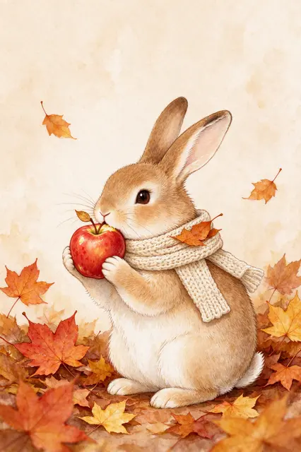 A watercolor rabbit in a knit scarf holds a red apple surrounded by autumn maple leaves