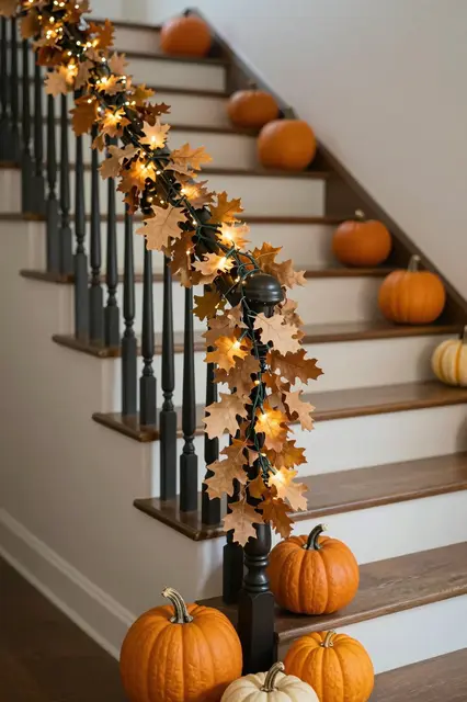Wooden staircase with black balusters decorated with an oak leaf garland, fairy lights, and pumpkins on the steps
